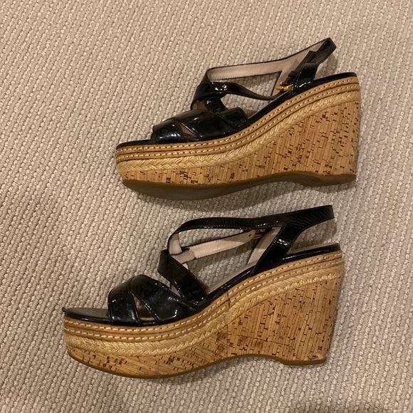 Prada Patent Leather Cork Wedge Sandals - Picture 4 of 10